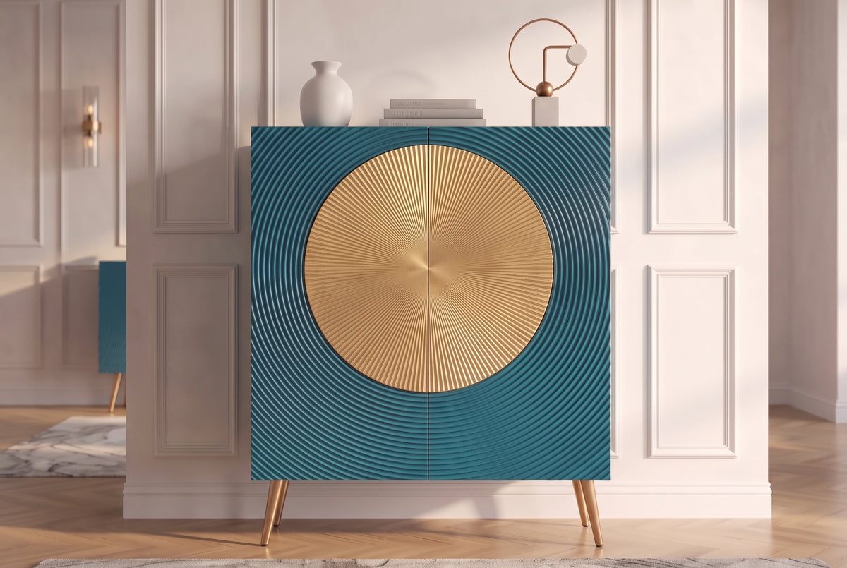 Highboard AURUM 120cm textured front gold circle accent mango wood turquoise gold metal feet