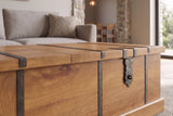 Couchtisch BODEGA 100cm mit Weinregal und Stauraum Mangoholz Honig-Finish