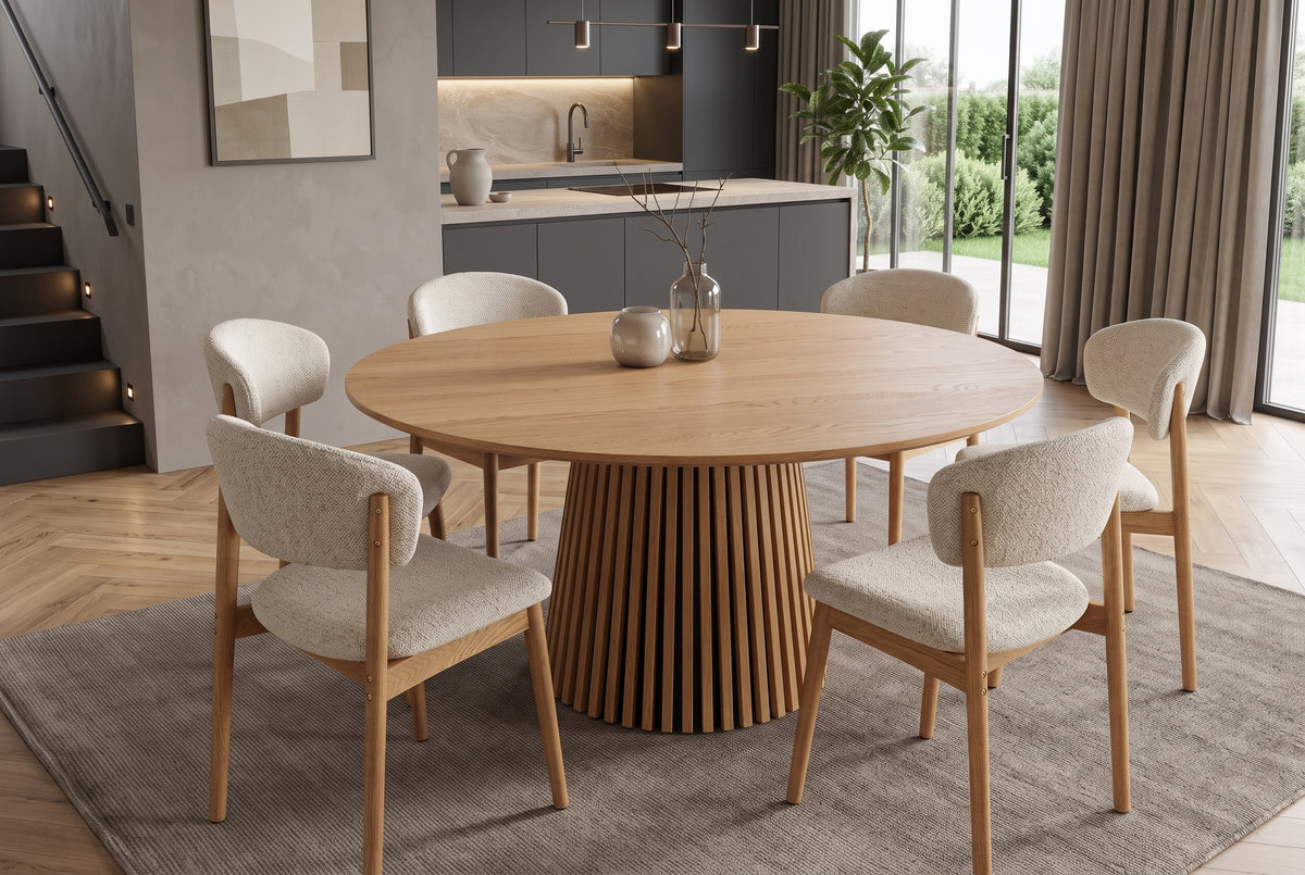 Dining table VALHALLA WOOD Ø 140cm round fluted pedestal base oak wood veneered natural