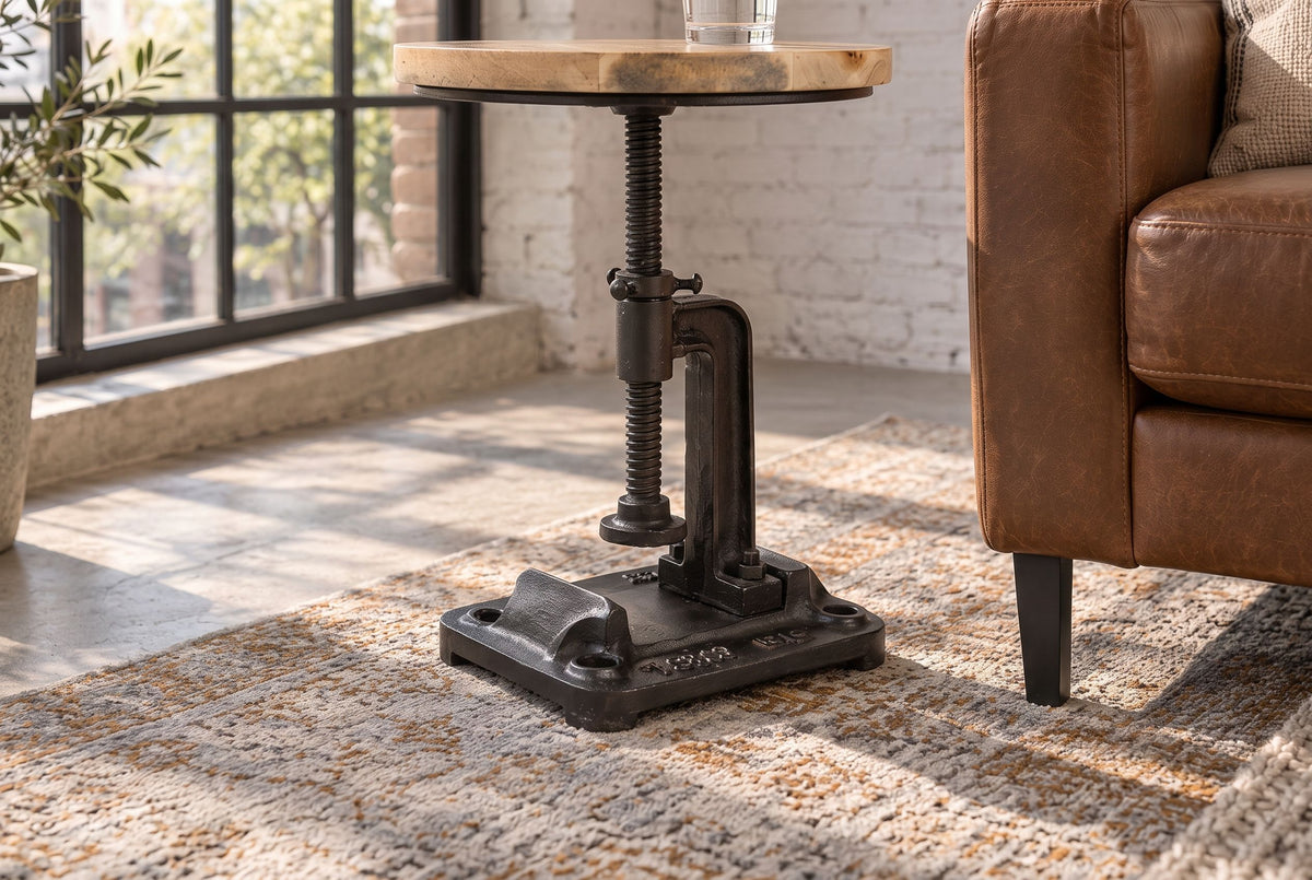 Beistelltisch ENGINEER 30cm höhenverstellbar Mangoholz natur mit schwarzem Gestell - Industrial Design