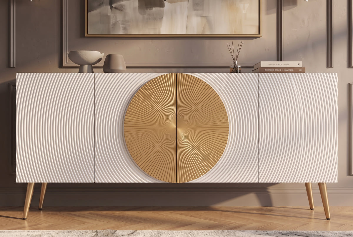 Sideboard AURUM 180cm textured front gold circle accent mango wood white gold metal feet