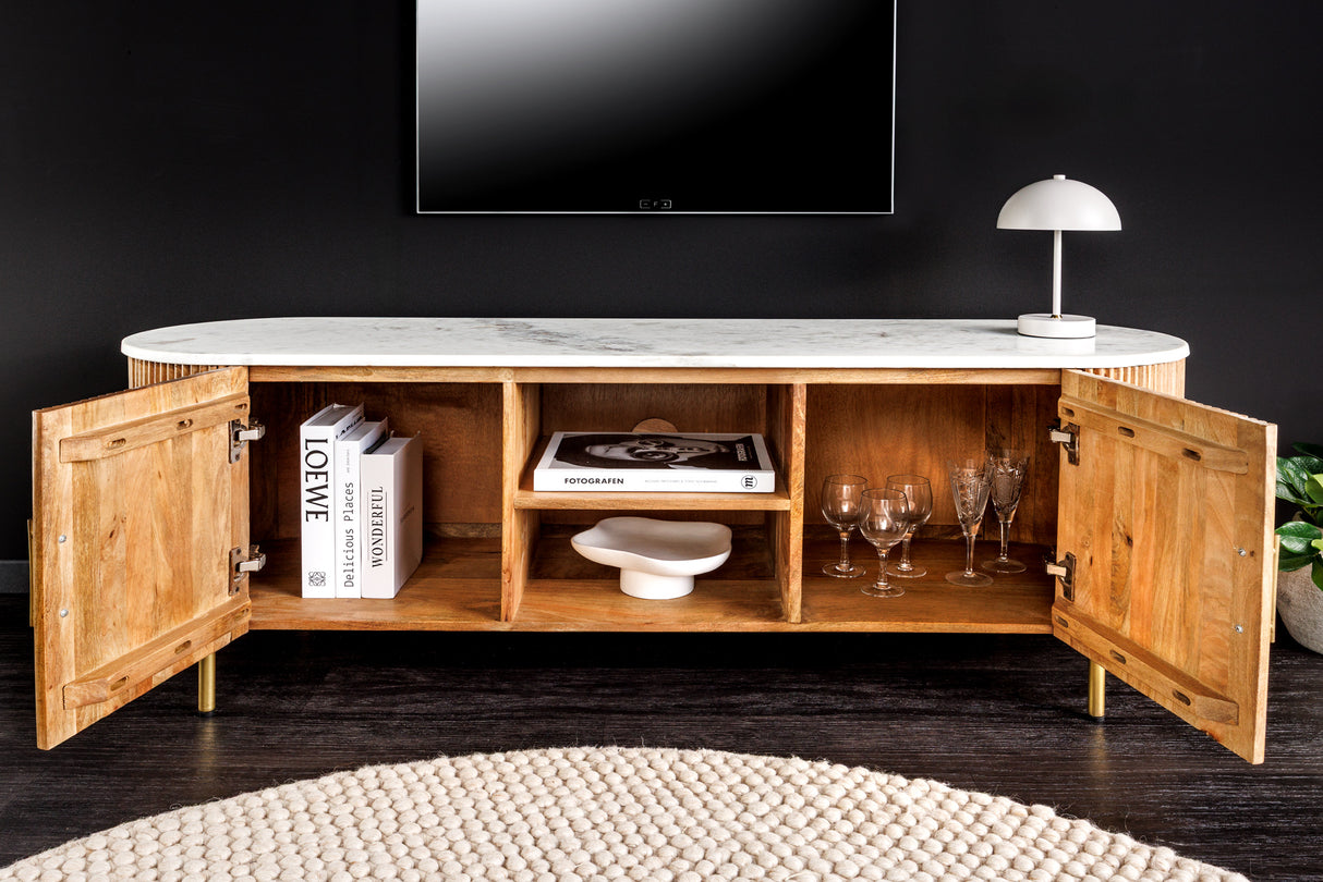 TV-Board TRES CHIC 140cm mango wood natural w/ white marble top and golden handles