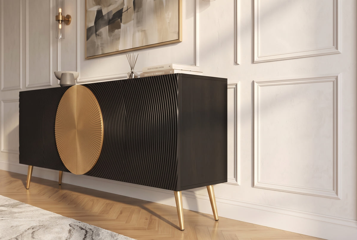 Sideboard AURUM 180cm textured front gold circle accent mango wood black gold metal feet