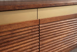 TV-Board MONZA 160cm w/ cable management hanging fluted front brown mango wood gold details