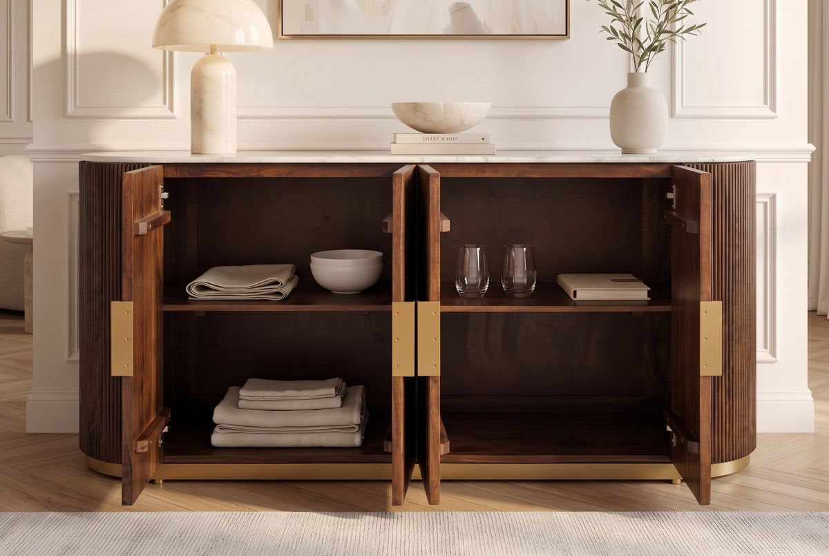 Sideboard GATSBY 170cm mango wood brown w/ white marble top fluted front gold metal details