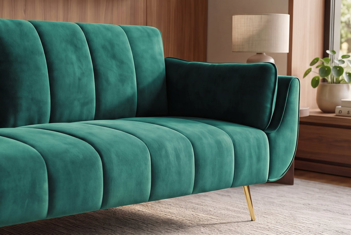 Sofa bed DIVANI 220cm 3-seater w/ armrest cushions velvet emerald green metal feet gold