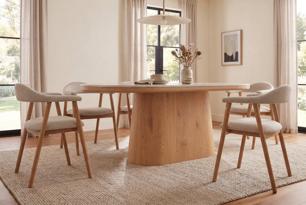 Dining table UNIQUE 200cm oval oak wood verneered w/ travertine top pedestal base