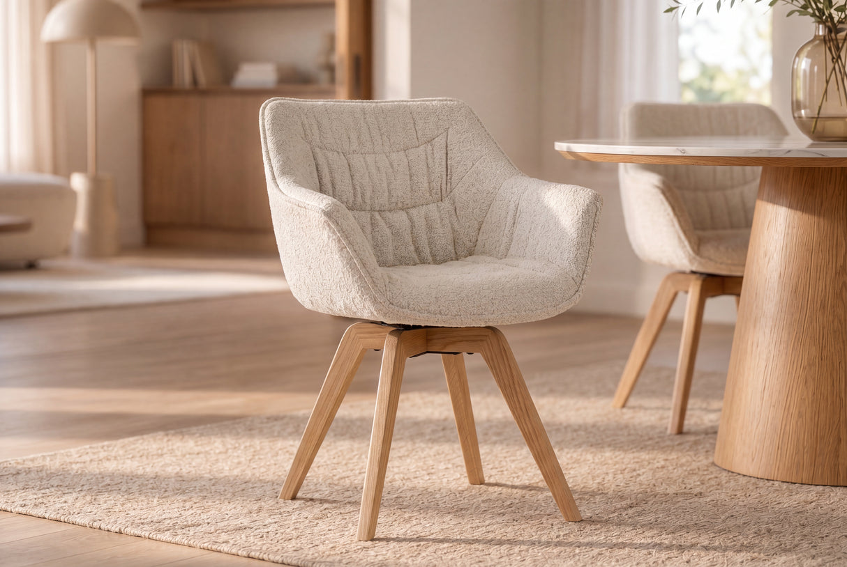 Sessel THE DUTCH COMFORT 180° Auto-Rückholfunktion m. Armlehnen Bouclé-Tweed weich beige natur