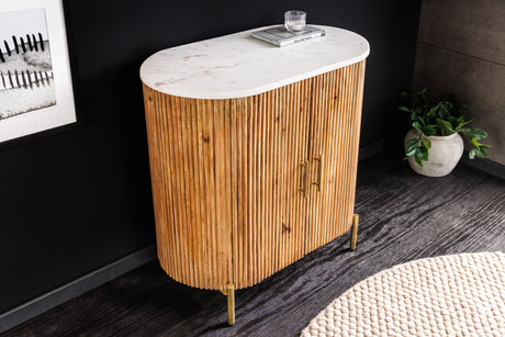 Sideboard TRES CHIC 70cm Mangoholz natur mit weißer Marmorplatte und goldenen Griffen