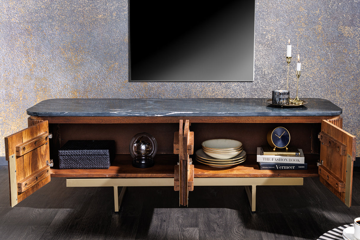 Meuble TV GATSBY 160 cm style rétro en bois de manguier doré et plateau en marbre noir