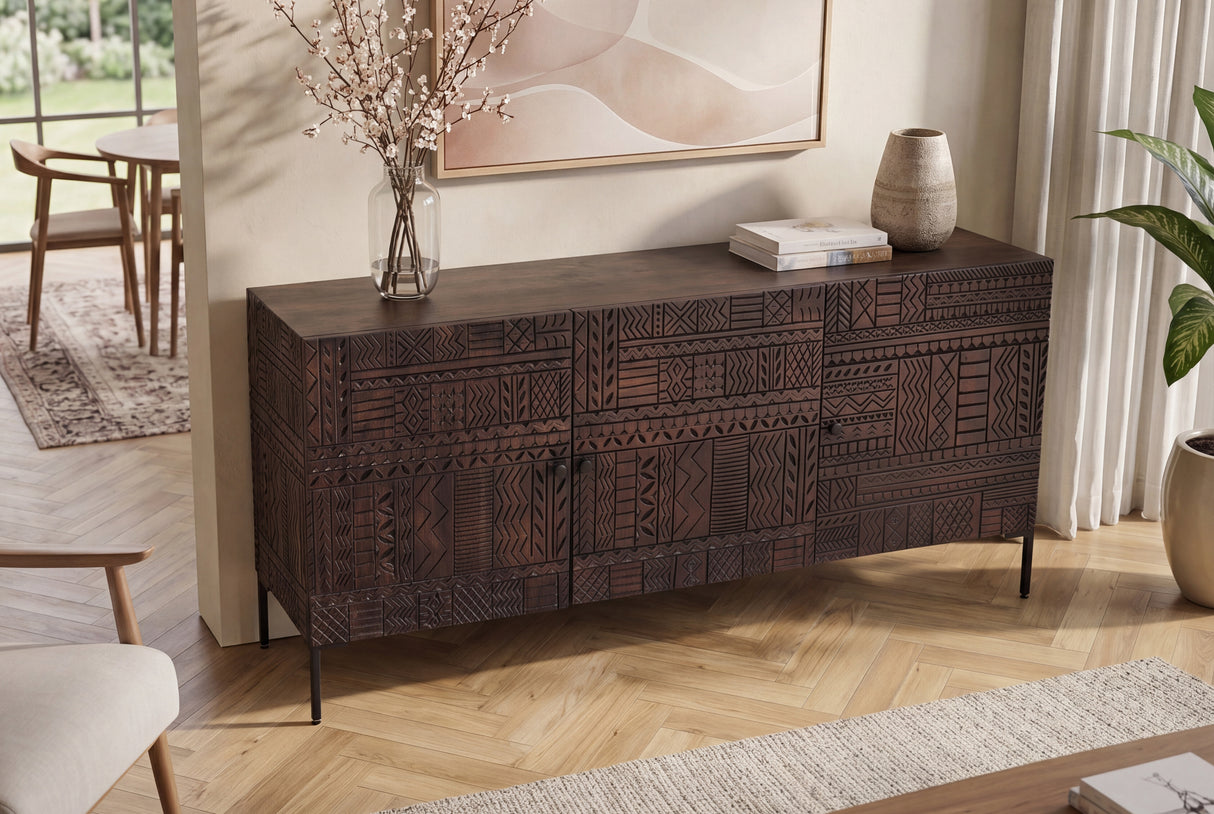 Sideboard TRIBAL 180cm 3D Antik-Look Mangoholz dunkelbraun