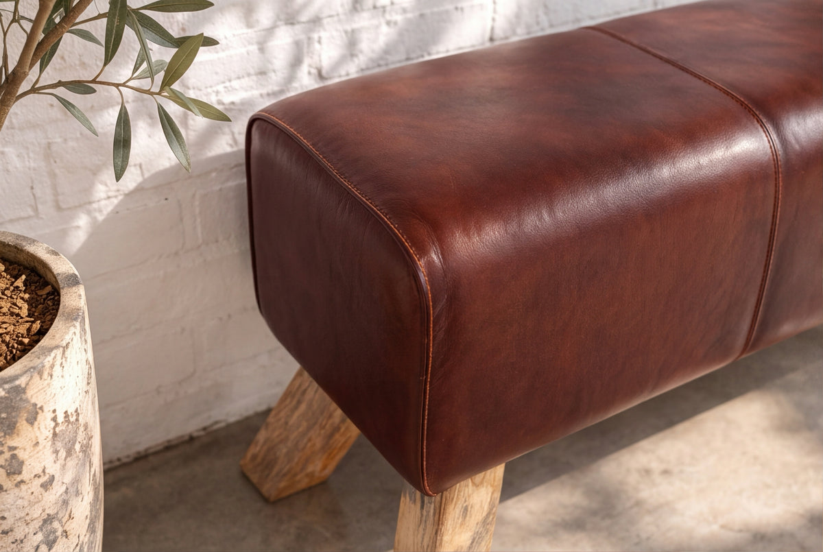 Bench TURNBOCK 120cm upholstered seat mango wood natural genuine leather coffee brown