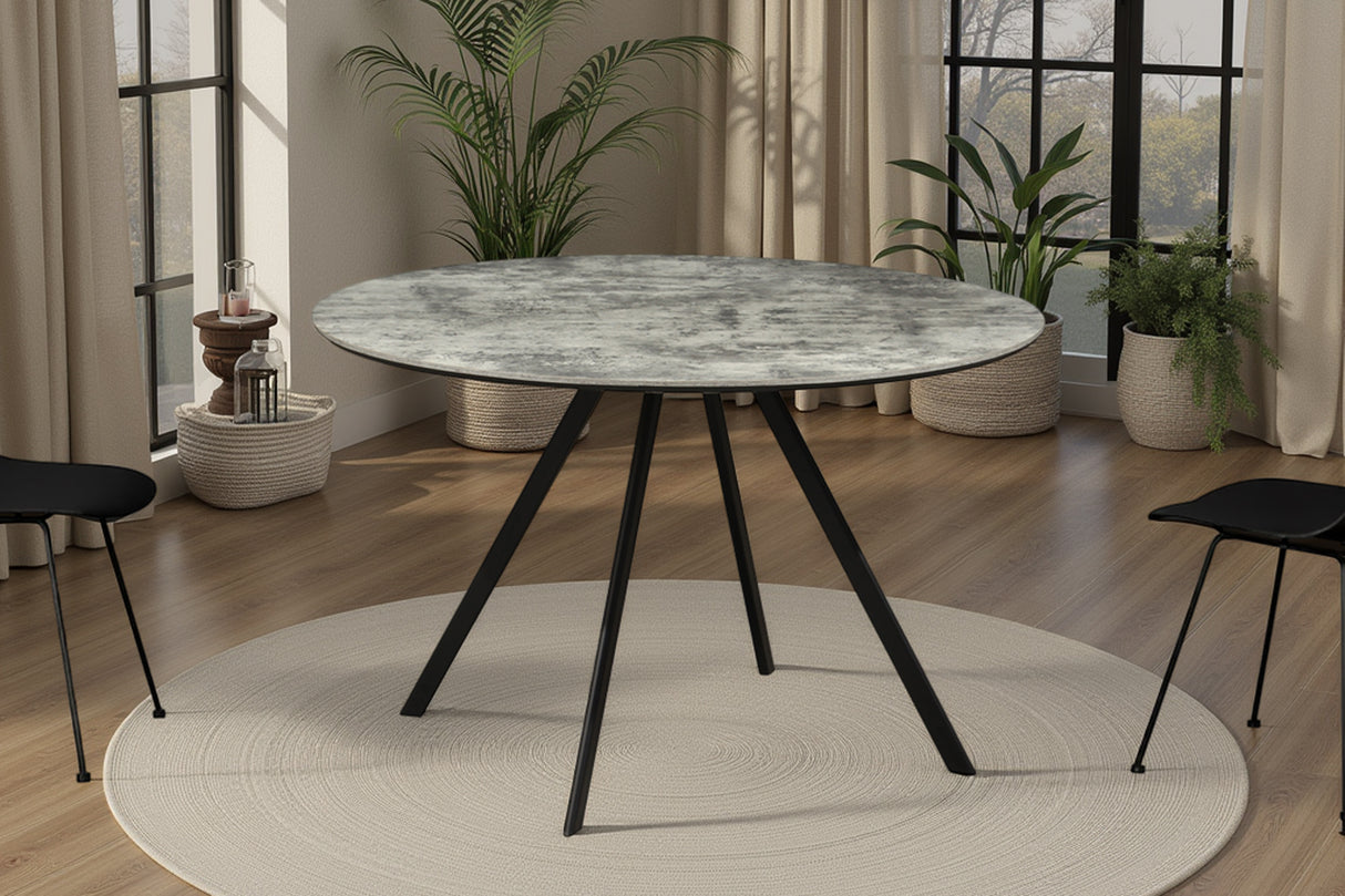 Esstisch ATELIER 120cm rund, graue Steinoptik mit schwarzen Metallbeinen
