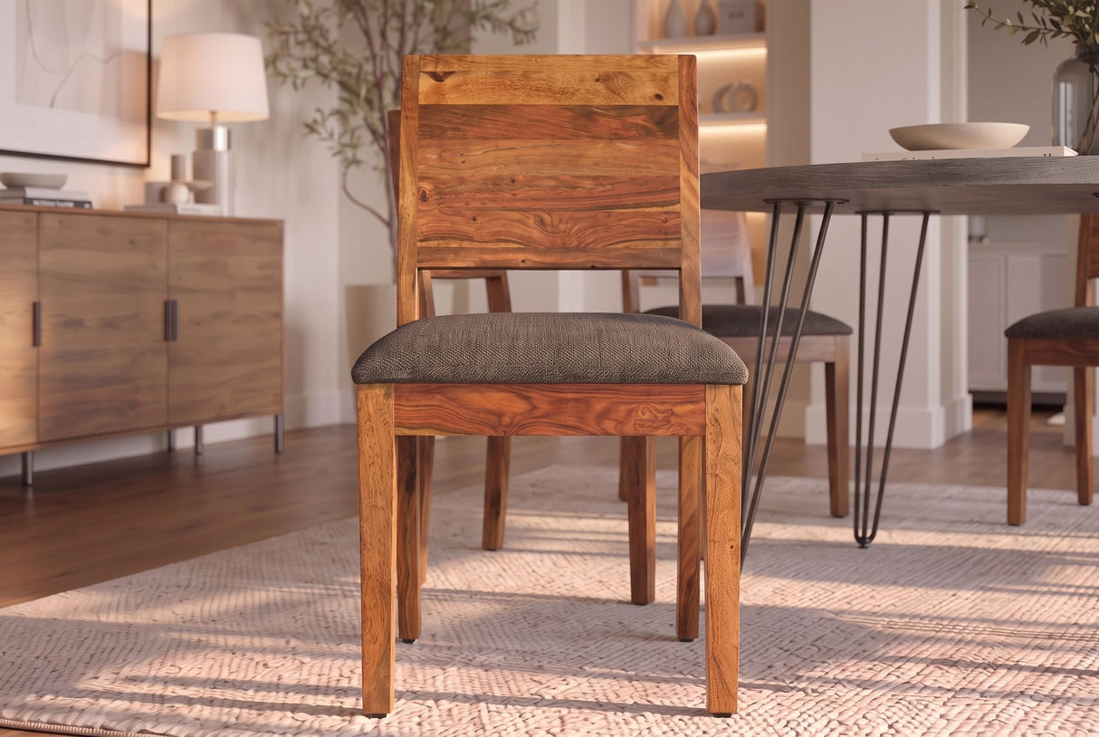 Chair MAKASSAR 80cm textured fabric grey and sheesham wood brown stone finish