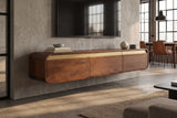 TV-Board MONZA 160cm w/ cable management hanging fluted front brown mango wood gold details