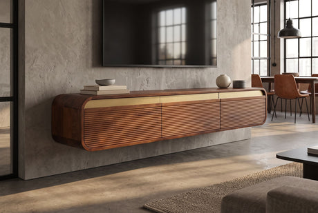TV-Board MONZA 160cm w/ cable management hanging fluted front brown mango wood gold details