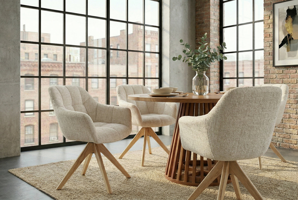 Swivel chair PAPILLON rotatable 180° w/ armrests chenille champagne beige oak