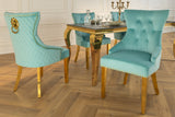 Stuhl CASTLE DELUXE mit Löwenkopfgriff samt blau goldenen Beinen im Barockstil