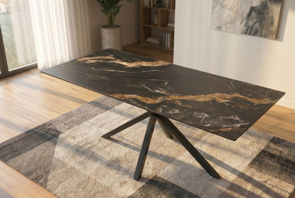 Dining table GALAXIE 160cm w/ star frame aurora oro ceramic black gold sand