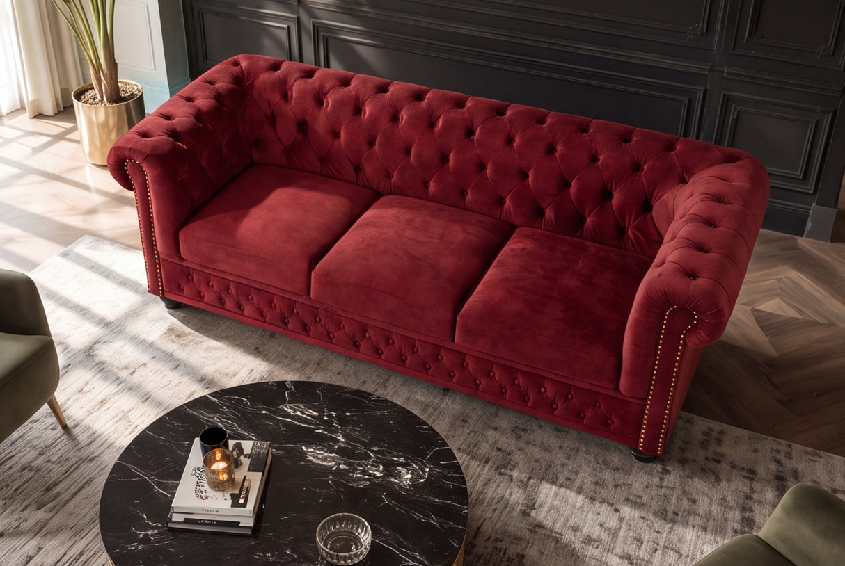 Sofa CHESTERFIELD 205cm 3-Sitzer Samt Rot