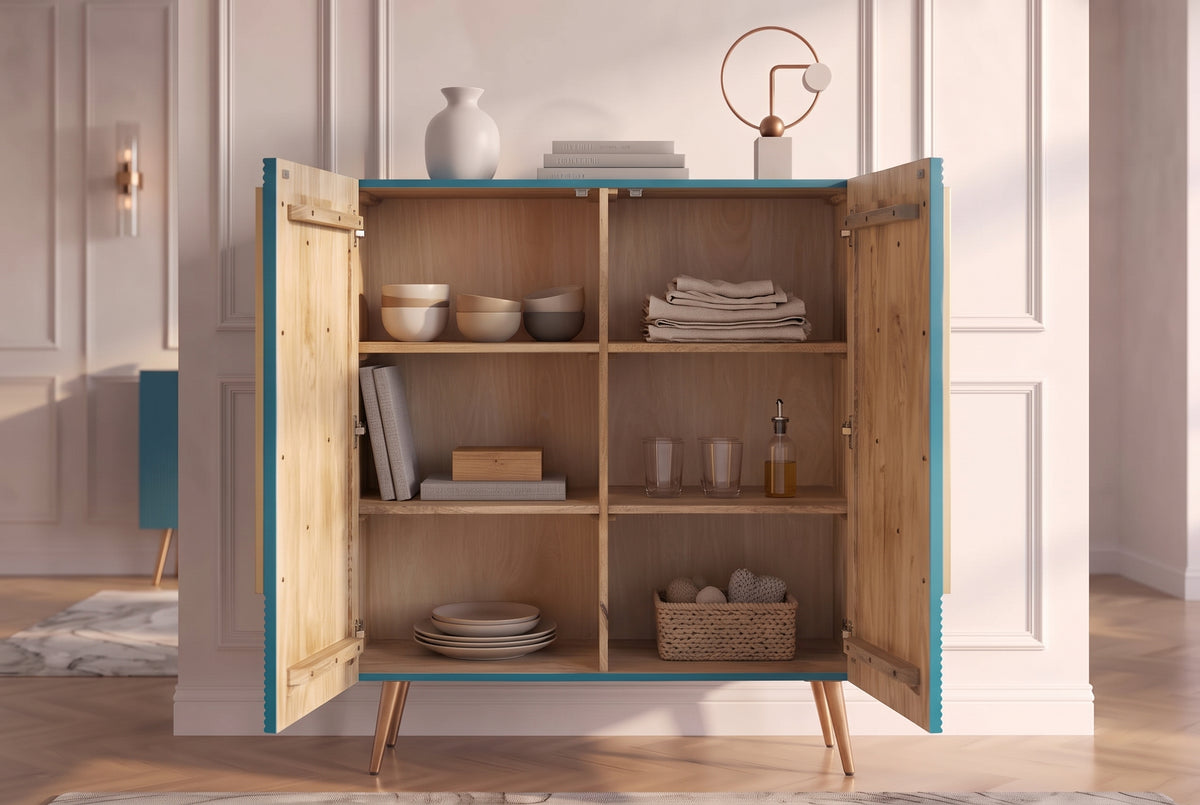Highboard AURUM 120cm textured front gold circle accent mango wood turquoise gold metal feet