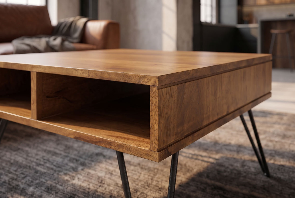 Couchtisch SCORPION 60 cm mit Stauraum und Hairpin-Beinen Mangoholz honigfarbenes Finish