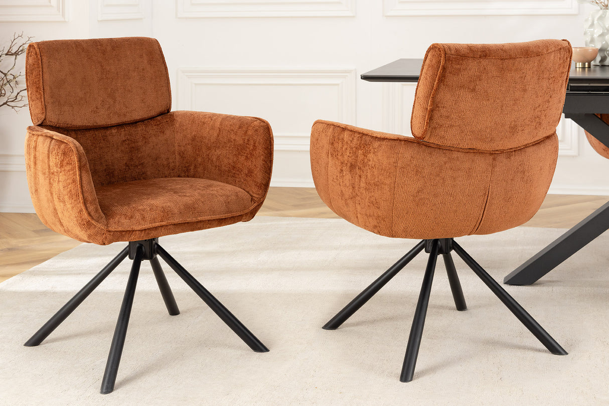 Swivel chair UNIQUE 180° w/ armrests chenille fabric rust brown and black legs