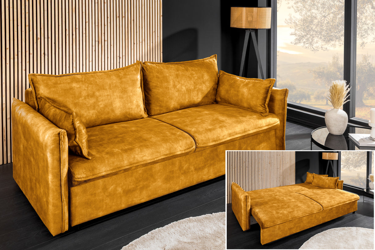 Sofa bed APARTMENT 215cm 3-seater velvet mustard yellow