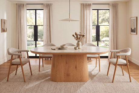 Dining table UNIQUE 200cm oval oak wood verneered w/ travertine top pedestal base