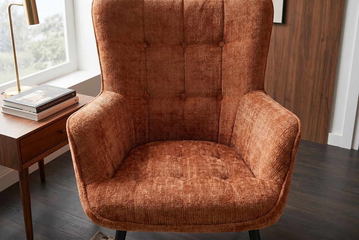 Sessel SCANDINAVIA m. Armlehnen und schwarzen Metallbeinen Chenille Stoff Rostbraun