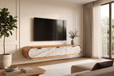TV-Board ORGANIC 160cm hanging acacia wood natural w/ stone look front