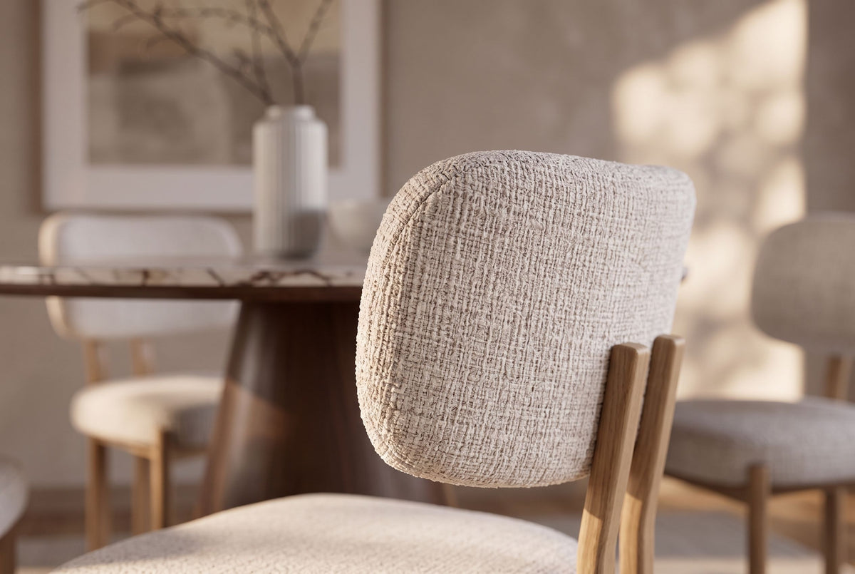 Chair BELLANO chenille creamy beige w/ oak coloured metal legs