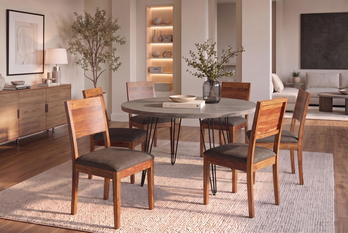 Chair MAKASSAR 80cm textured fabric grey and sheesham wood brown stone finish