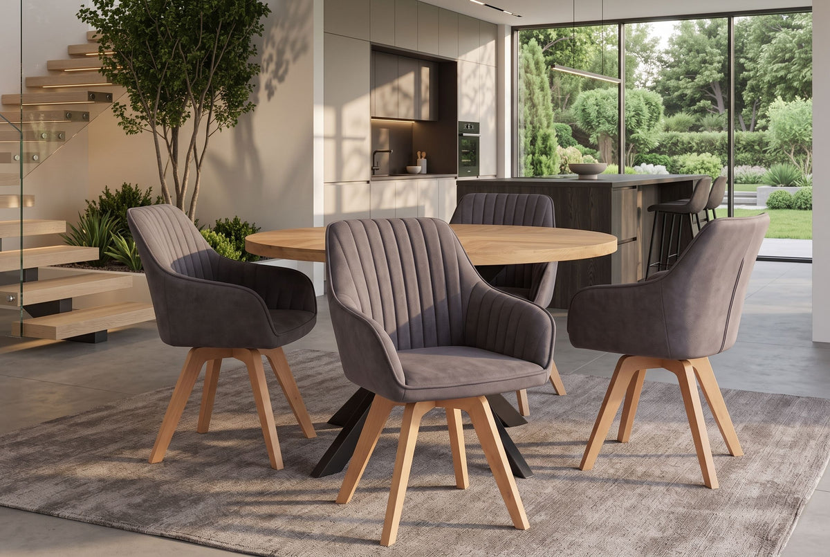 Swivel chair LIVORNO 180° auto-return w/ armrests microfibre vintage grey beech wood frame
