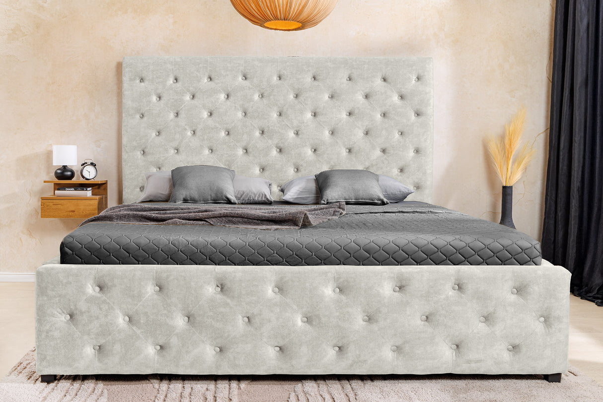 Bett PARIS 160x200cm CHESTERFIELD-Look Samt champagnerbeige mit Stauraum