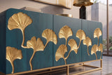 Sideboard GINKGO 160cm ginkgo leaf front mango wood turquoise w/ gold metal frame