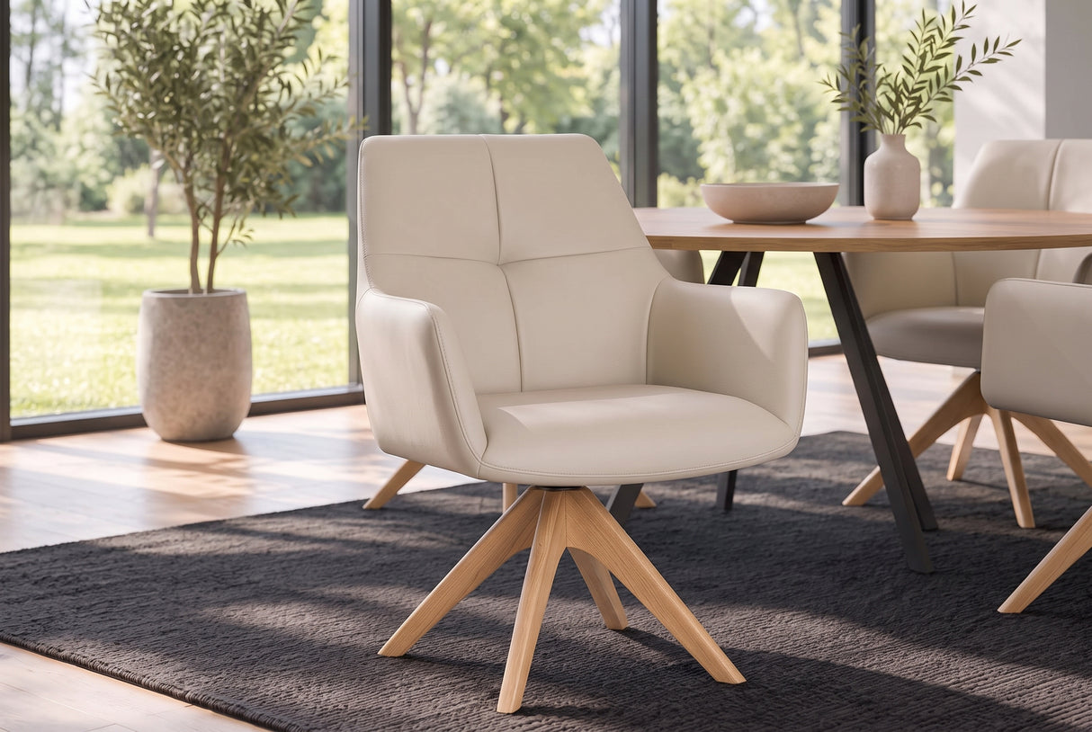 Swivel chair ALMARA 360° auto-return w/ armrests pocket spring core leather beige sand