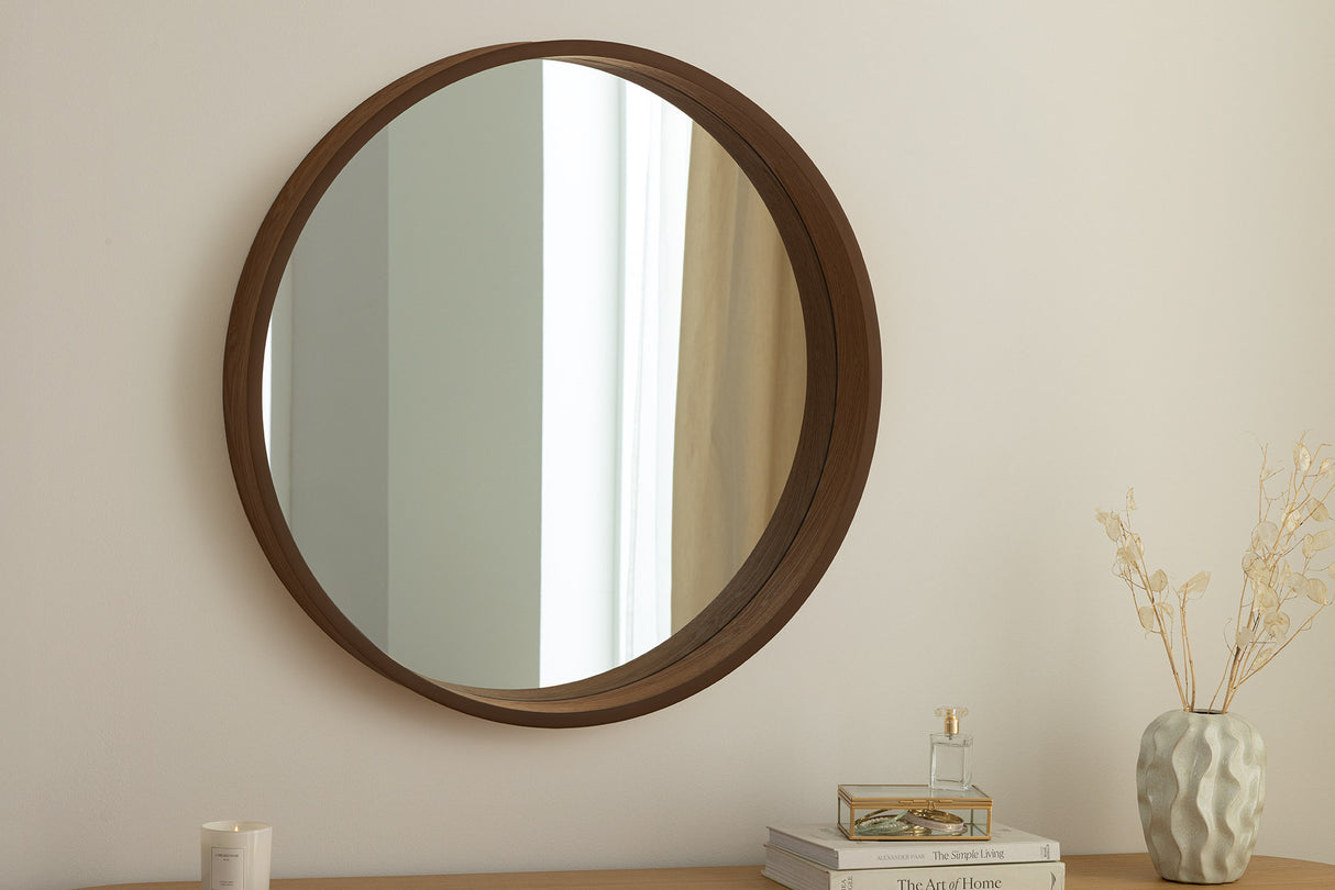 Wall mirrow PORTRAIT 70cm round walnut wood veneered