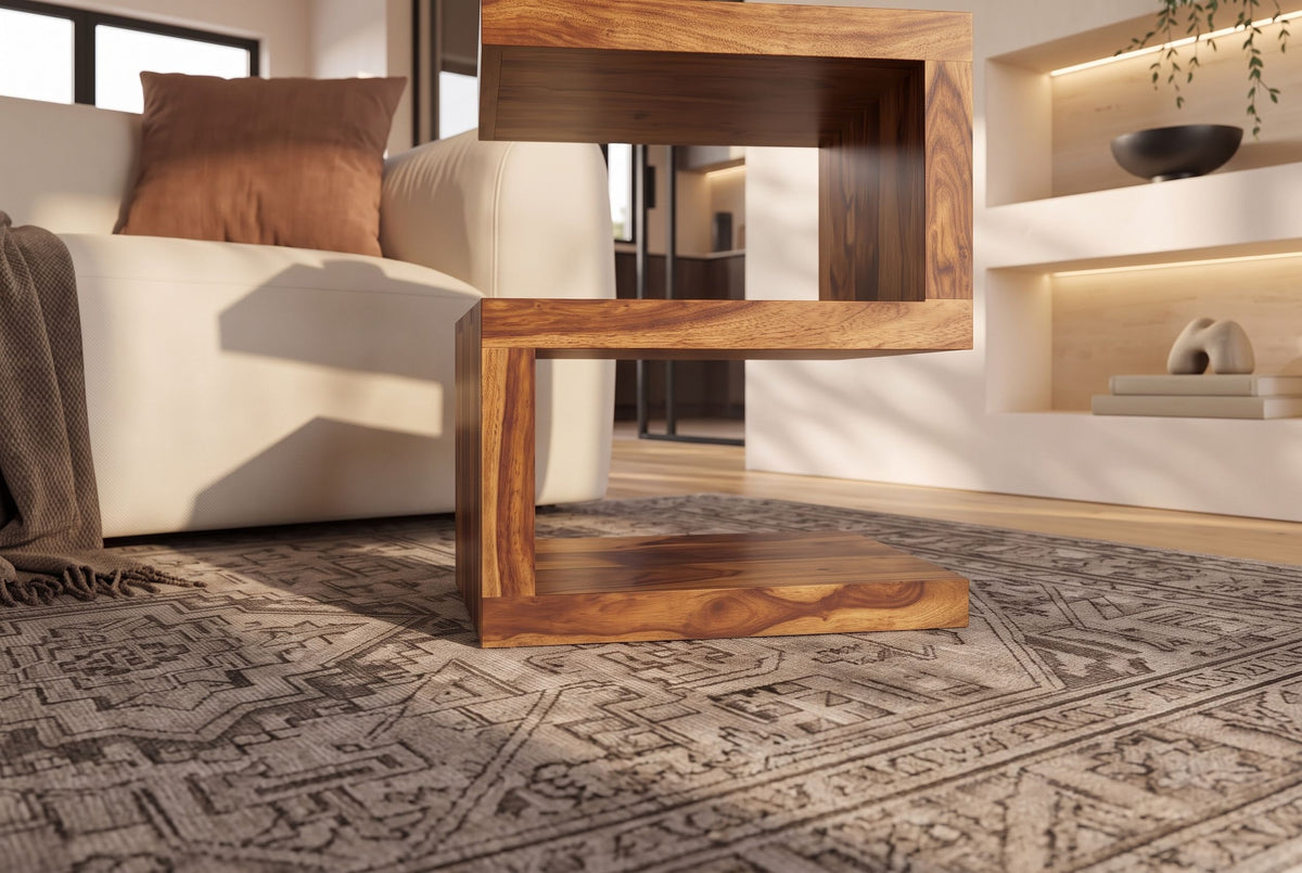 Side table S 60cm S-shape w/ open storage space sheesham wood brown stone finish