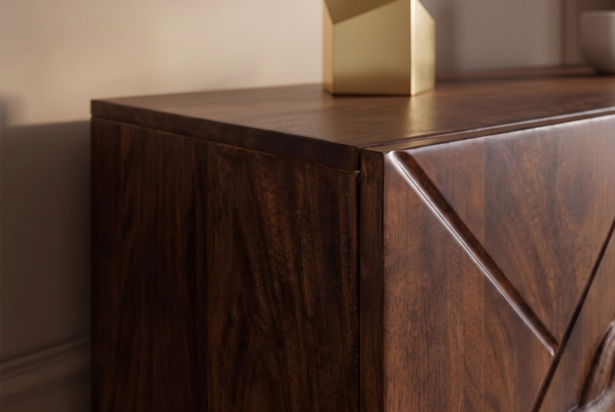 Highboard LION 120cm 3D lion front mango wood brown w/ gold metal frame