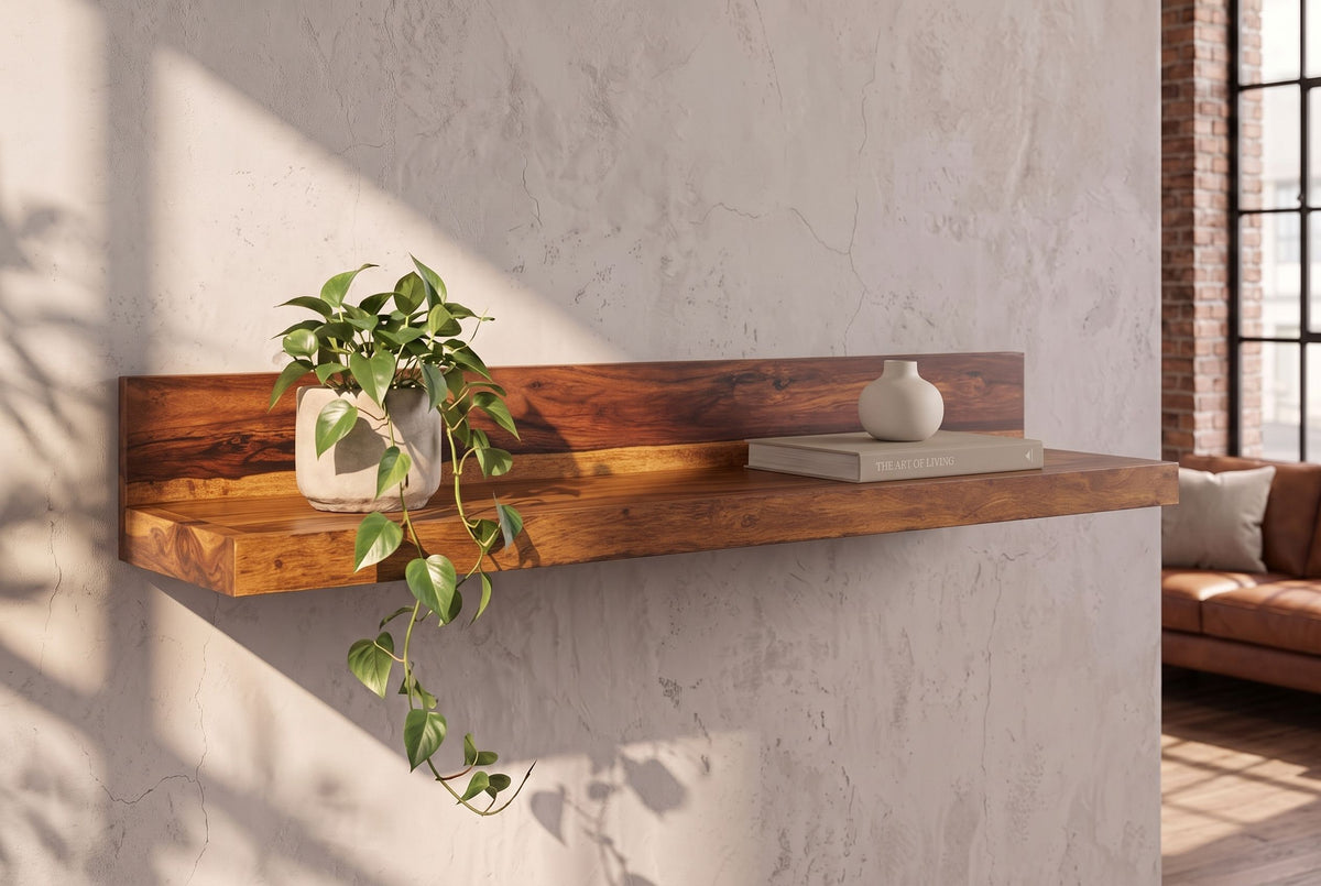 Wall shelf MAKASSAR 110cm sheesham wood natural stone finish w/ back panel