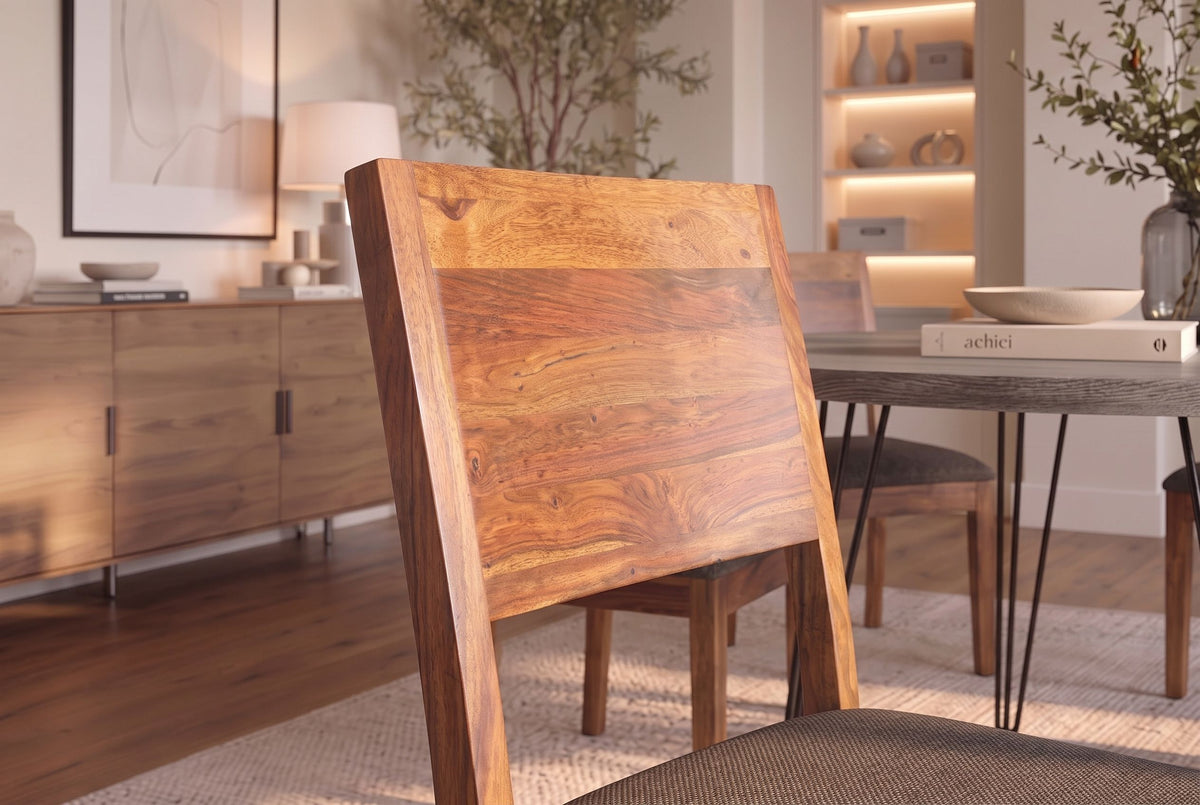 Chair MAKASSAR 80cm textured fabric grey and sheesham wood brown stone finish
