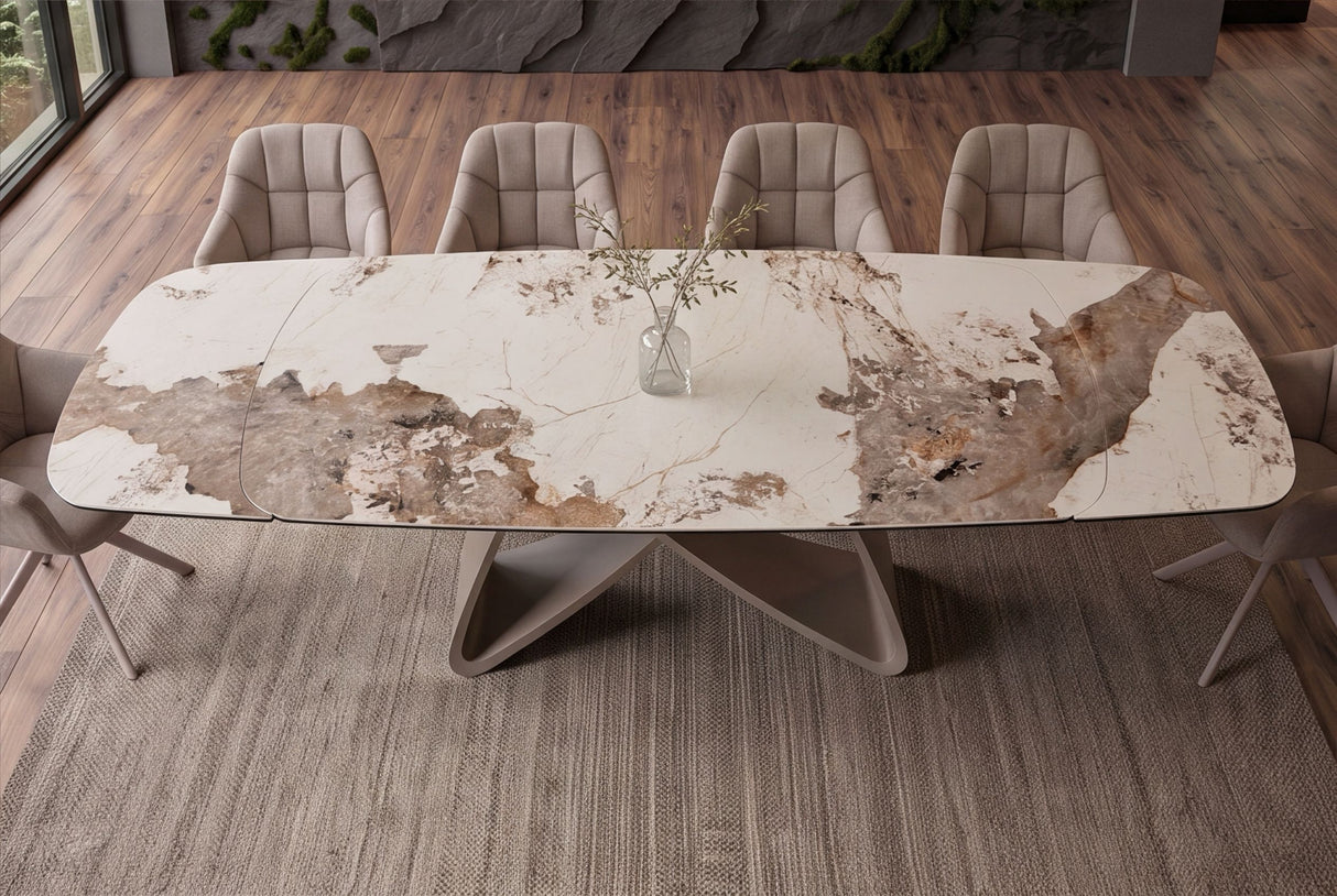 Dining table INFINITY 180-220-260cm boat-shaped extendable pandora ceramic white brown