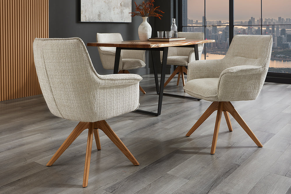 Swivel chair LE GRAND rotatable 180° beige chenille fabric w/ armrests and oak wood legs