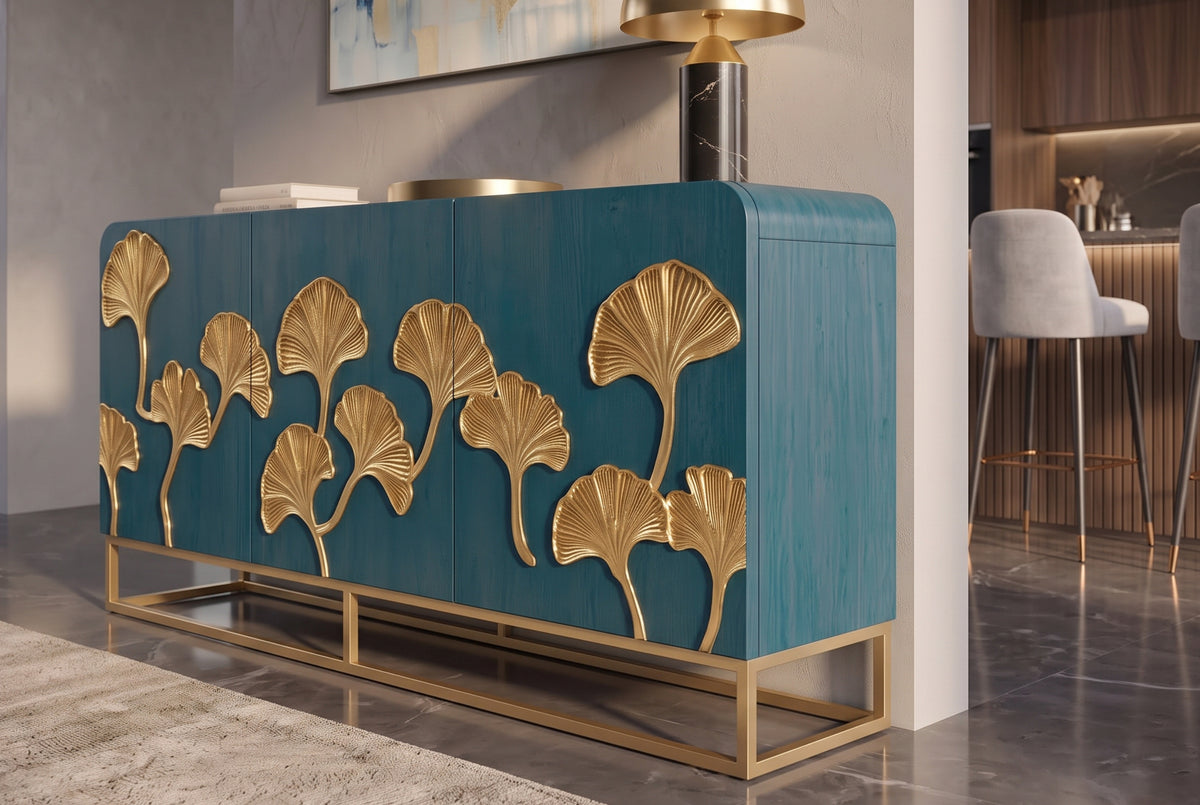 Sideboard GINKGO 160cm 3D ginkgo leaf front mango wood turquoise w/ gold metal frame