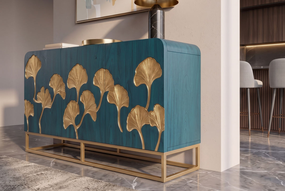 Sideboard GINKGO 160cm ginkgo leaf front mango wood turquoise w/ gold metal frame