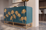 Sideboard GINKGO 160cm ginkgo leaf front mango wood turquoise w/ gold metal frame
