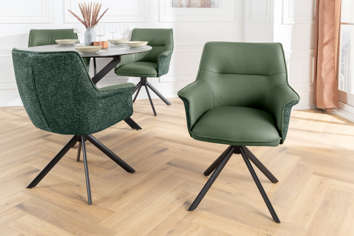 Swivel chair LE GRAND rotatable 180° w/ armrests textured cloth and leather green