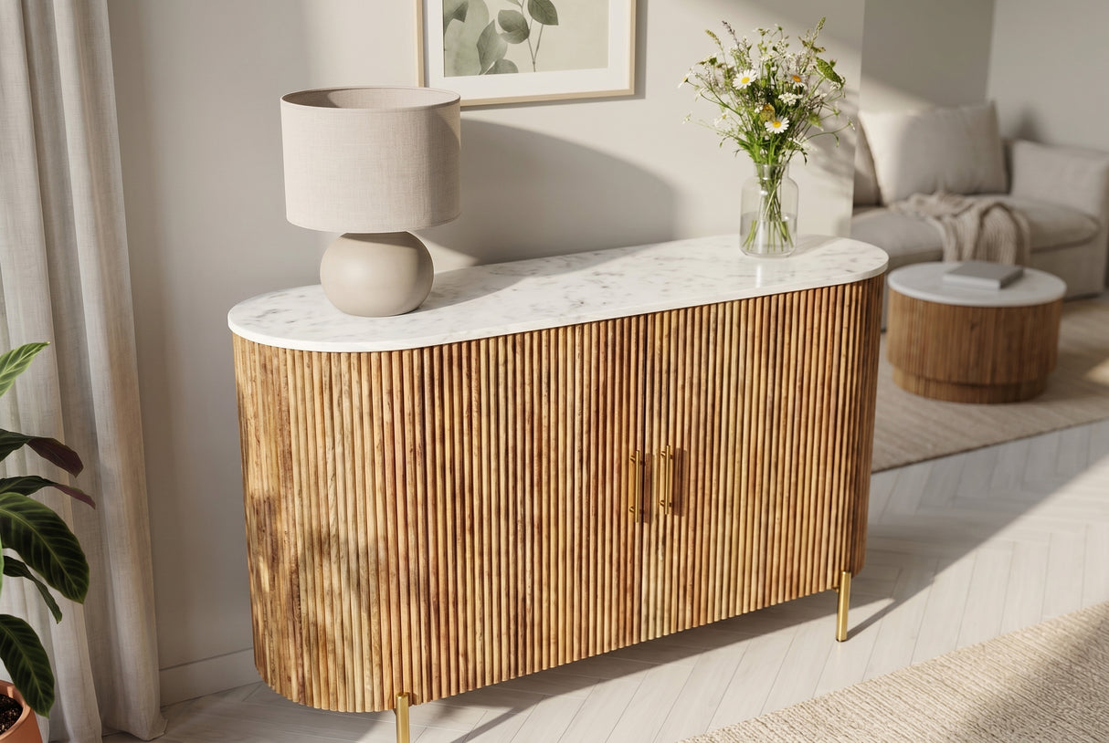 Sideboard TRES CHIC 105cm Mangoholz natur mit weißer Marmorplatte und goldenen Griffen