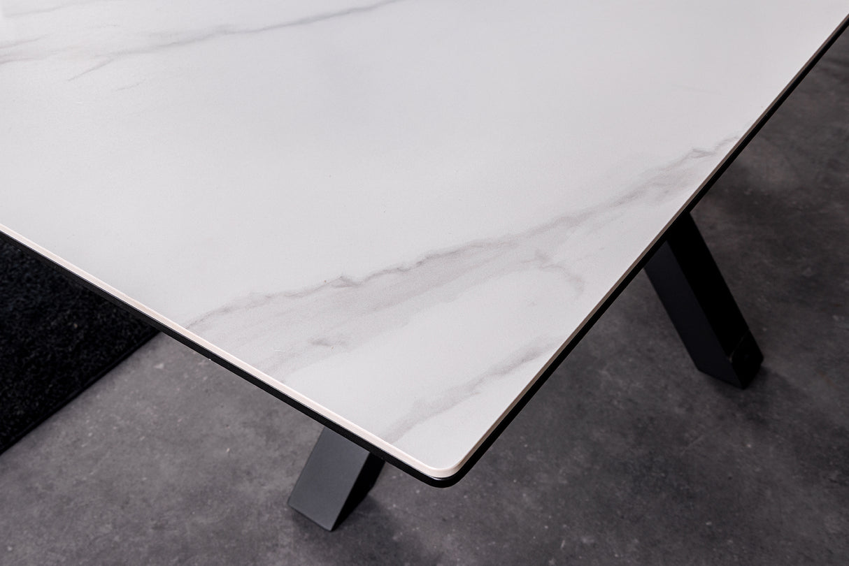 Dining table ETERNITY 160-200cm white marble look ceramic with tempered glass